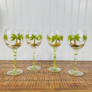 Set of 4 Certified International Hand Painted Palm Tree Wine/Water Glasses